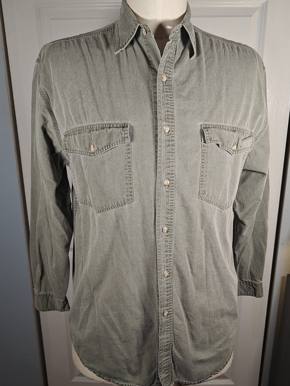 Vintage East Island Mens Medium Olive Green Cotton Canvas Western Work Shirt